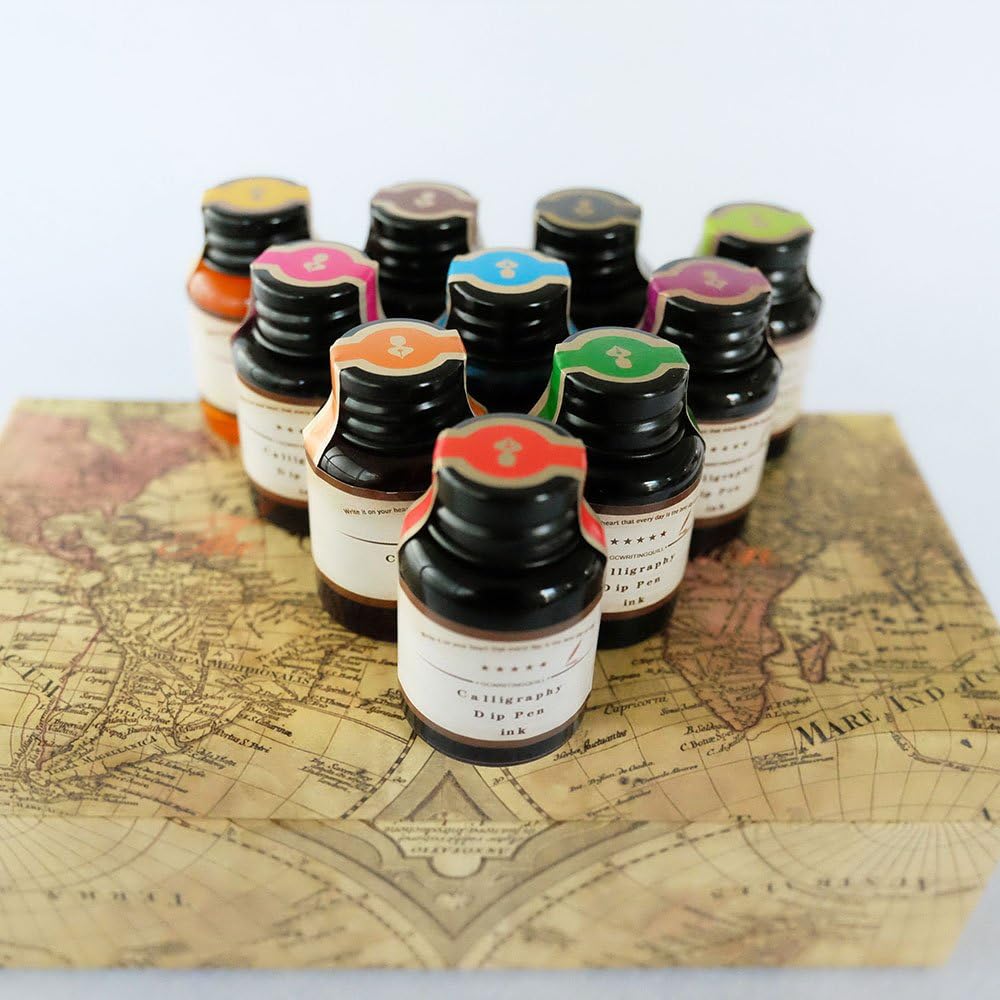 GC QUILL Dip Pen Ink, 10 Colors Fountain Dip Pen Ink Set Non-Carbon Drawing Writing Art Craft Dip Inks Bottles, 20cc Bottle 10 Colors Set LL-710