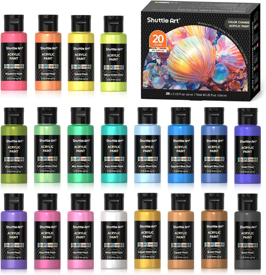Shuttle Art Color Change Acrylic Paint, 20 Chameleon Colors Acrylic Paint, 60ml/2oz Bottles, Iridescent Colors for Artists, Beginners, Kids Painting & Crafting on Canvas, Rocks, Wood, Fabric, Ceramic