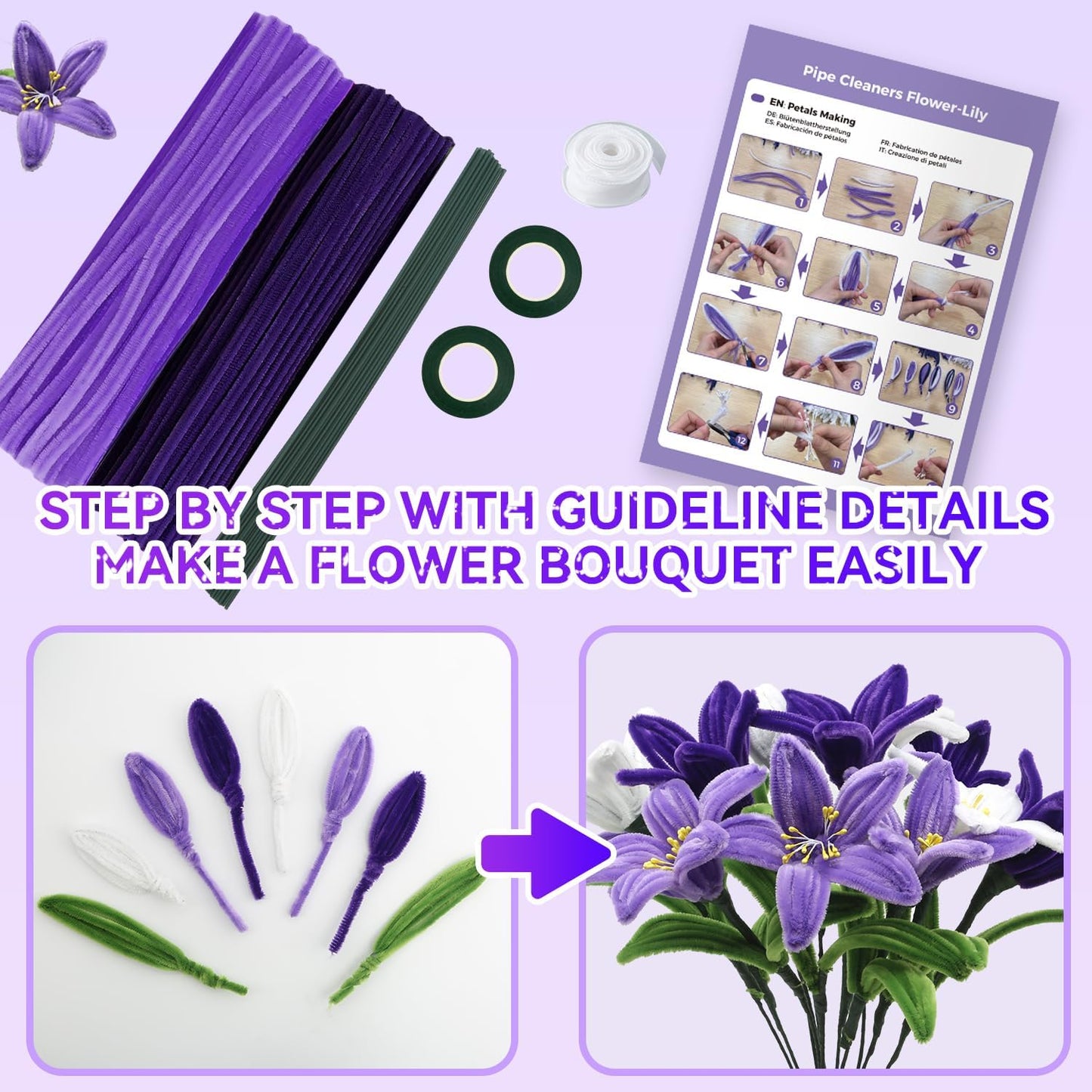 400PCS Purple Pipe Cleaners Bulk – 4 Colors Chenille Stems for Crafts, DIY Art Supplies, Fuzzy Sticks for Crafting Flowers, Wedding & Valentine's Day Decorations, Kids School Craft Kit