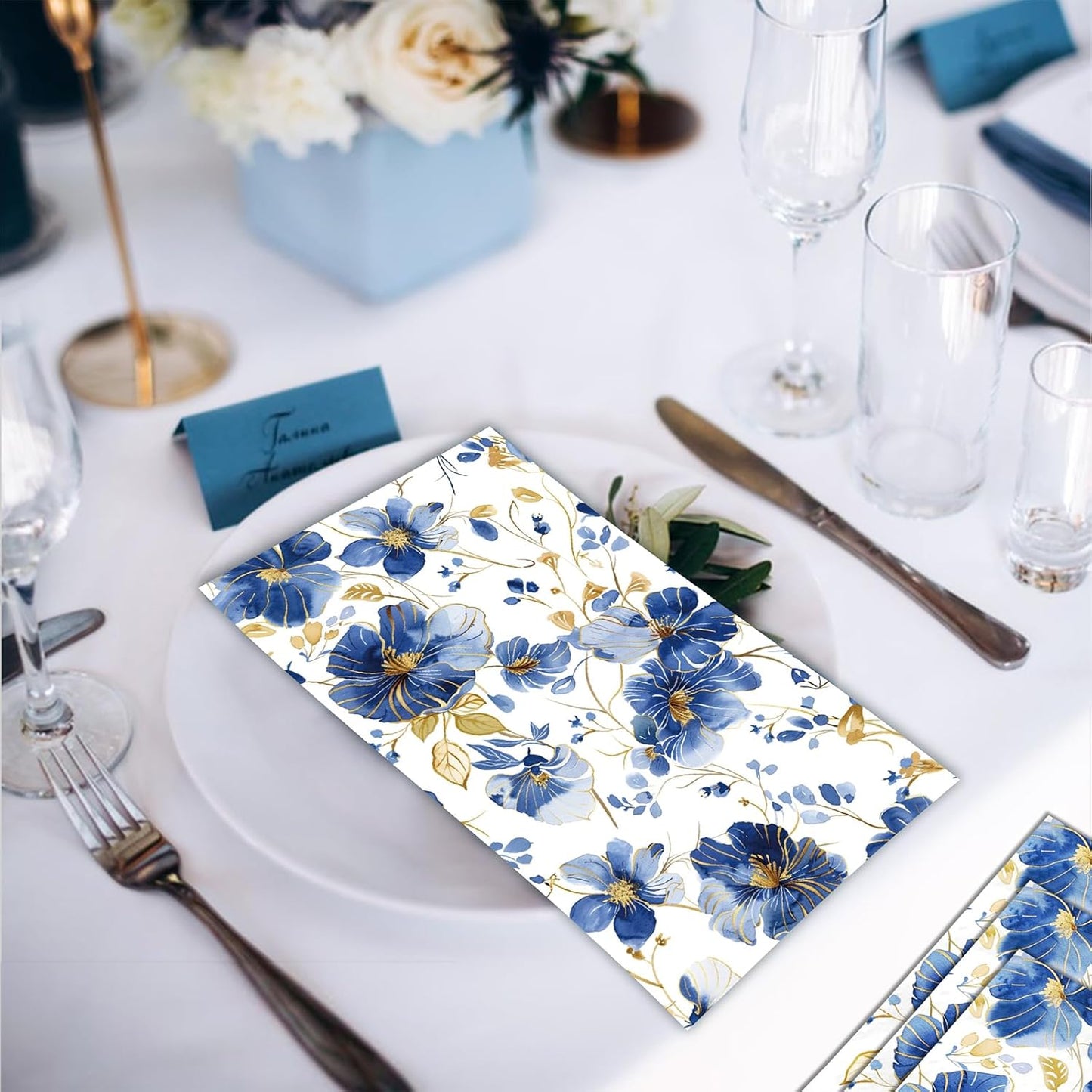 60 Pack 3 Styles Blue Floral Napkins for Decoupage Toile Napkins Flower Cocktail Decorative Paper for Birthday Party Beautiful Gorgeous, 12.9 * 15.7 inch
