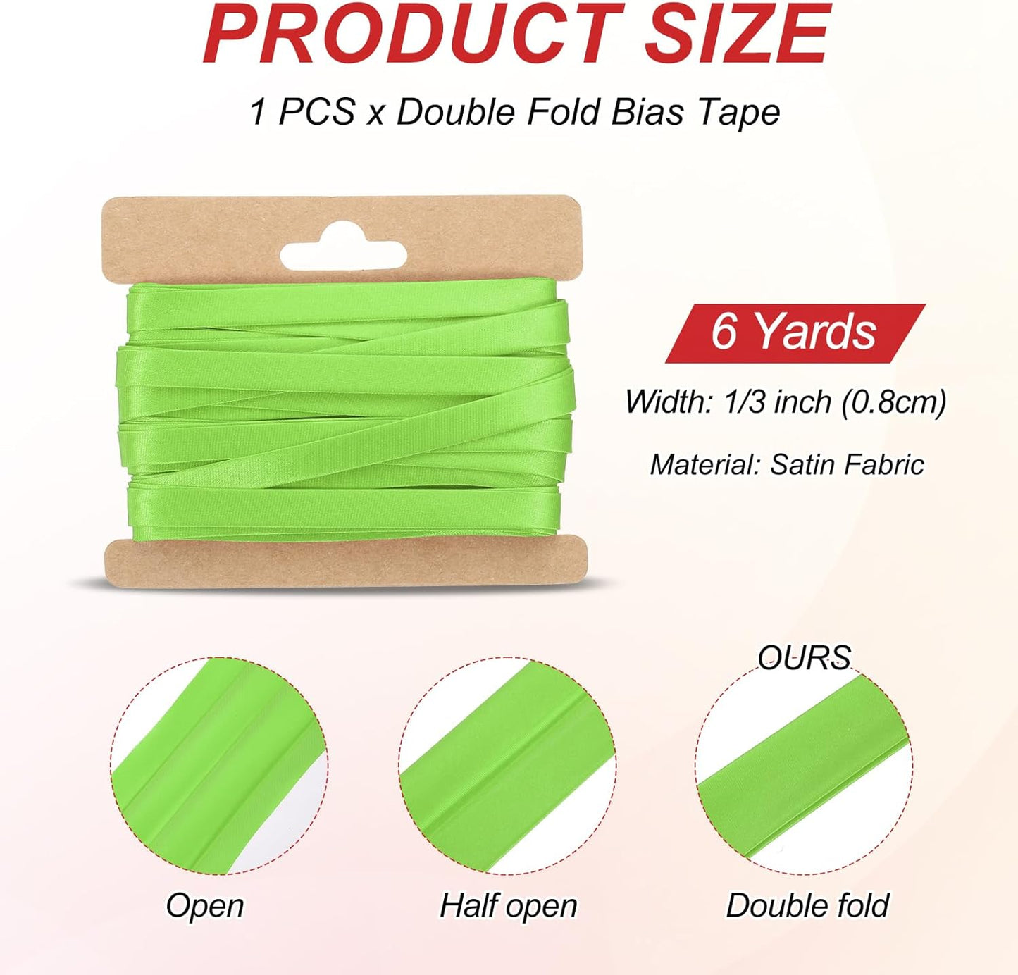 MECCANIXITY Double Fold Bias Tape for Sewing 1/3 Inch x 6 Yards Satin Pre-fold Continuous Binding Tape for Seaming Quilting Hemming Binding DIY Crafts, Green