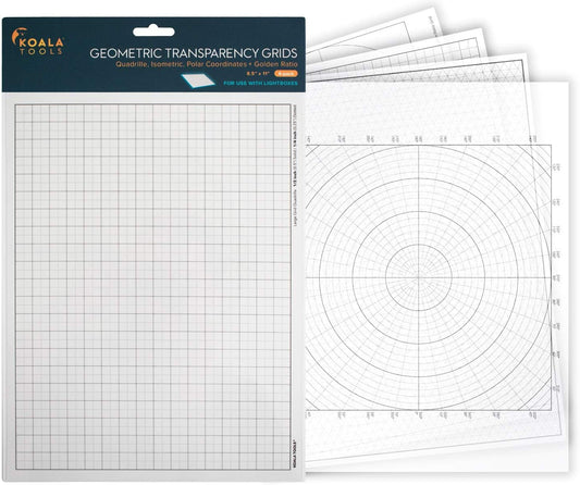 Koala Tools | Geometric Grid Transparency Sheets (Variety Pack of 4) - 8.5" x 11" | Overhead Projector and Light Box Transparencies - Tracing Film for Sketching & Drawing