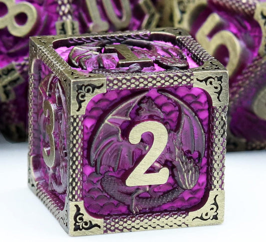 Haxtec Metal Dice Set Purple Black Dragon Pattern Metal DND Dice with Leather Dice Bag Polyhedral D&D Dice Compatible with Dungeons and Dragons TTRPG Gifts