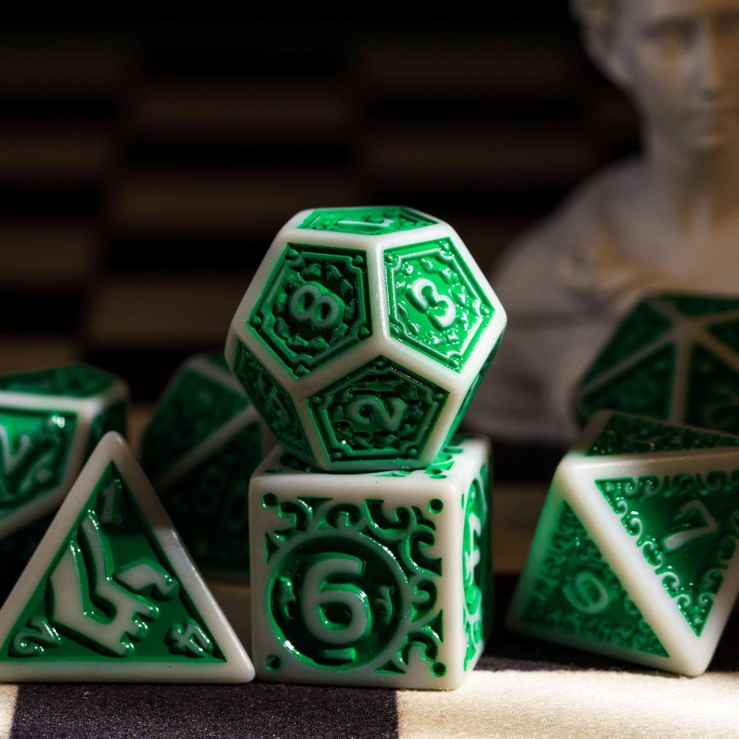 7-Die DND Dice Set New Pattern Polyhedral Dice Set with Leather Bag D&D Die for RPG Table Games(Gray Green)