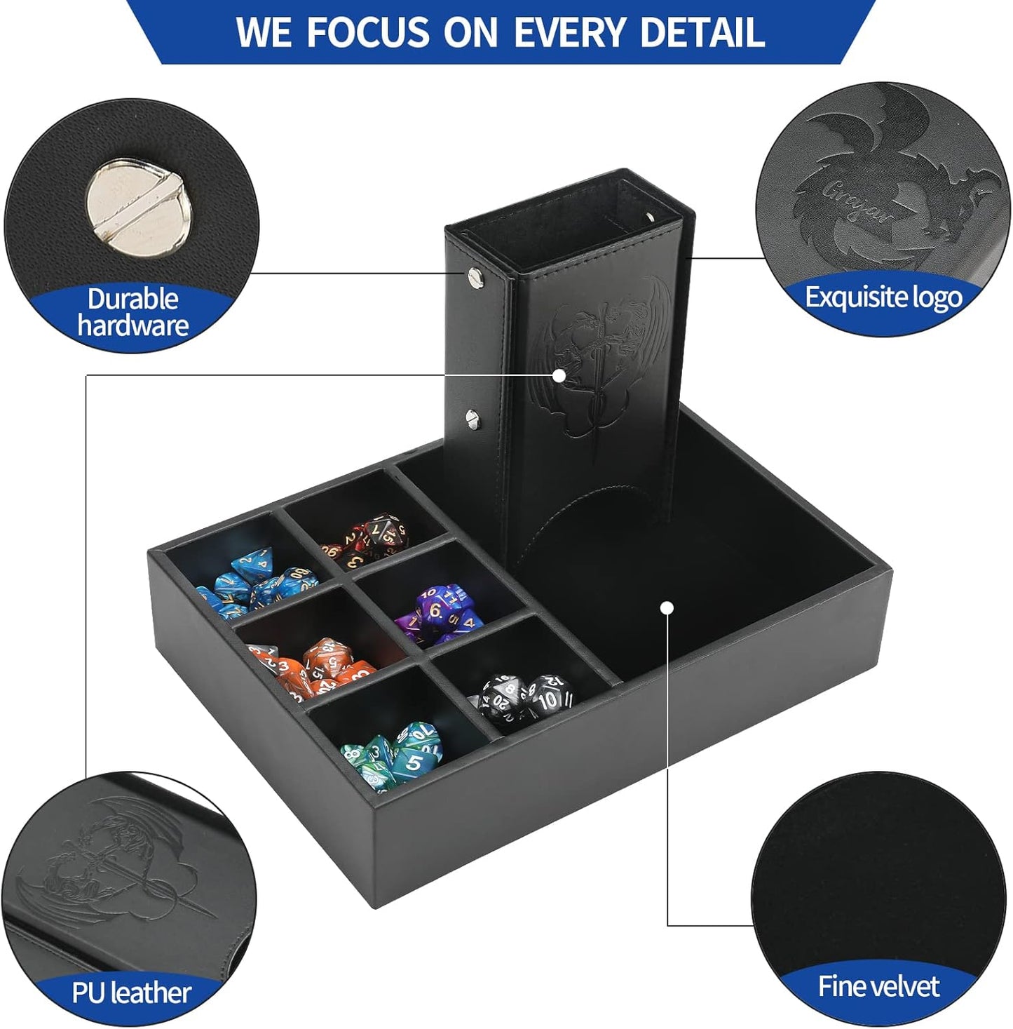 DND Dice Tray and Dice Tower with Storage, 3 in 1 Dice Rolling Tray with Lid, Portable Dice Box Storage, DND dice Holder for Dungeons and Dragons D&D RPG MTG Table Games (Black)
