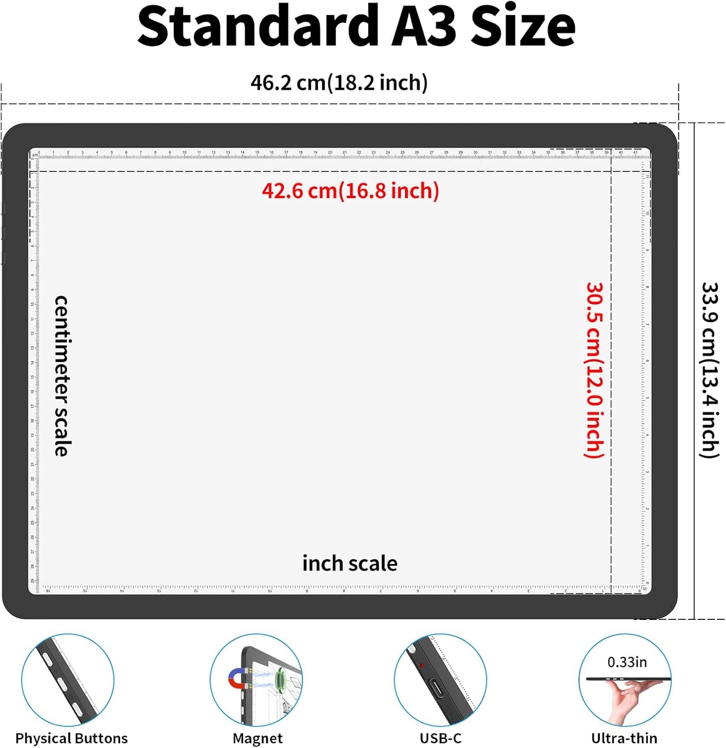 Phylosal Rechargeable A3 Light Pad with Carry Bag, Ultra-Thin Magnetic Tracing Light Box for Drawing, Diamond Art Painting Light Board with Side Button, Super Bright Light Table for Sketching (Black)