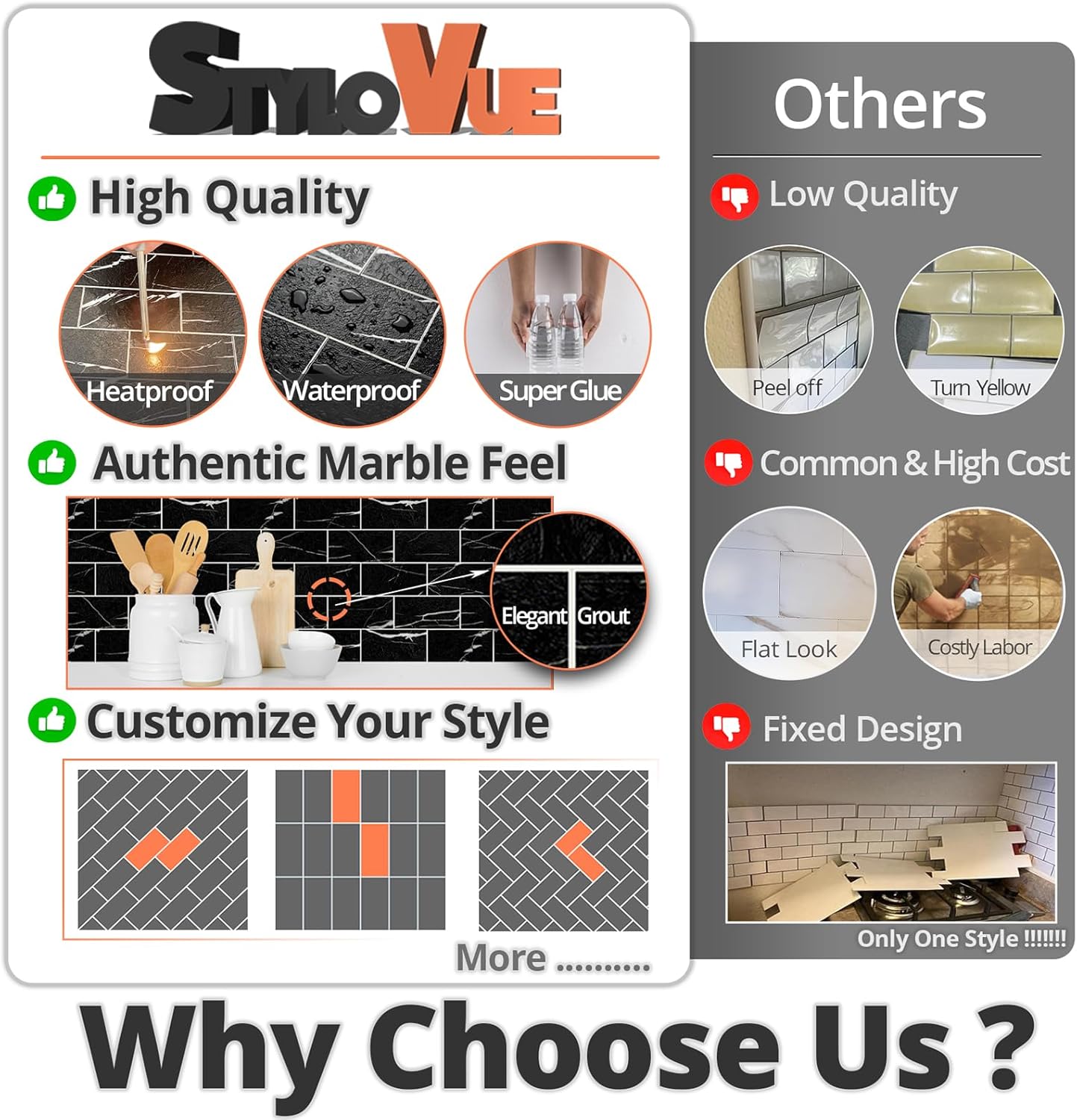 100 Pieces Peel and Stick Backsplash for Kitchen, 3" x 6" PVC Subway Tile Upgraded Nero Marquina with White Grout Backsplash Stick on Tile Elevate Kitchen, Bathroom, Fireplace,RV