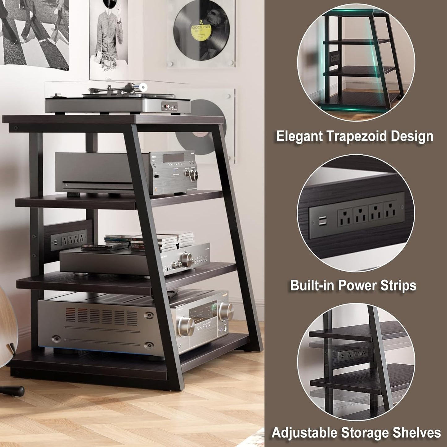 Armocity 4-Tier AV Media Stand with Power Strips, Stereo Stand with LED Lights, Rack Audio Tower with Adjustable Shelves, Small Entertainment Center, 30'', Black Ebony