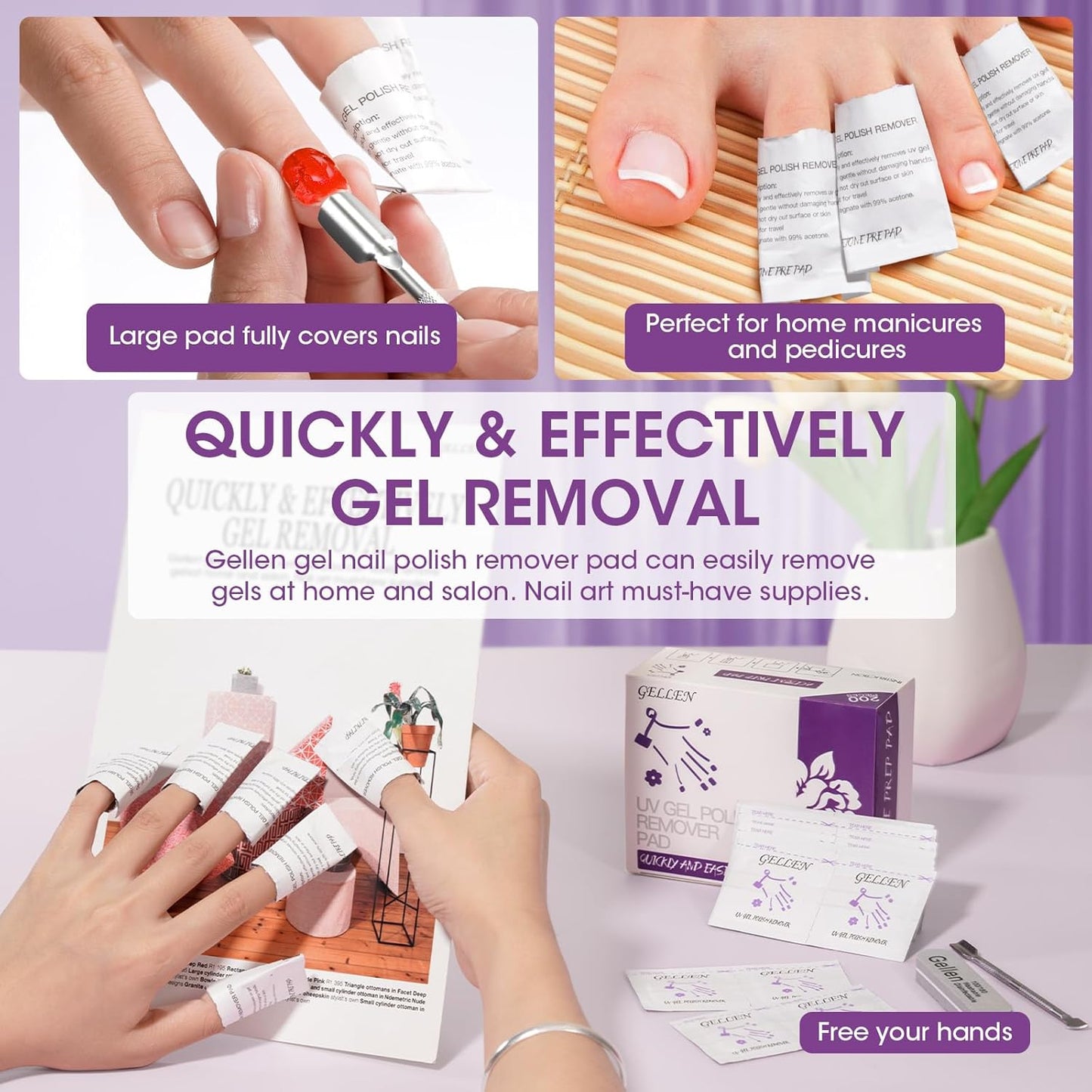 GELLEN Acetone Nail Polish Remover Pads, Professional Gel Polish Remover Pads, 200 Pack Travel Bulk Set with Tools, Individually Wrapped Quick & Effective Soak Off Remover for Salon Home