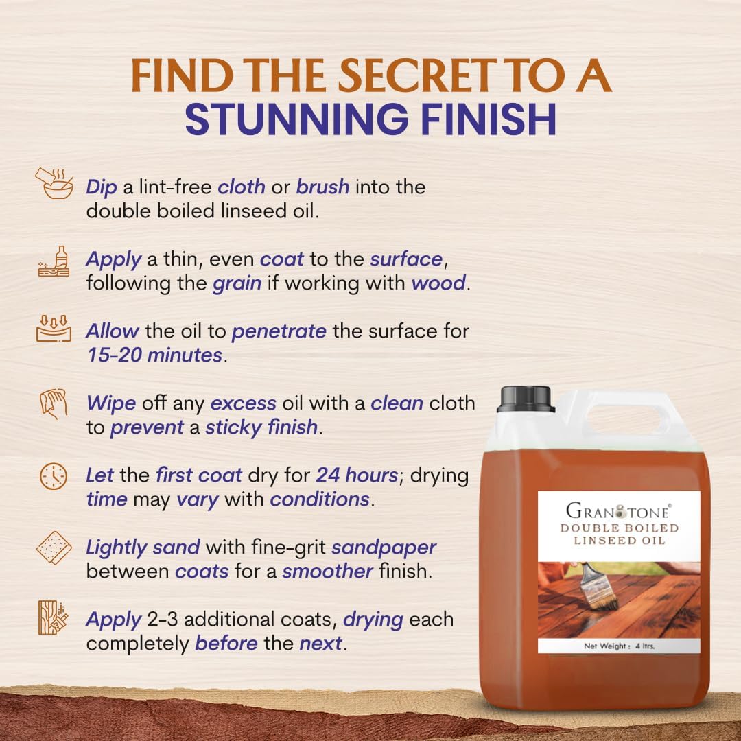 GRANOTONE Double Boiled Linseed Oil | Effective Waterproof Furniture Polish Oil, Used for Wood Finishing, Sports Goods Like Cricket Bat, Filling Cracks, Mixing with Paint and Wall Putty, 1 Ltr