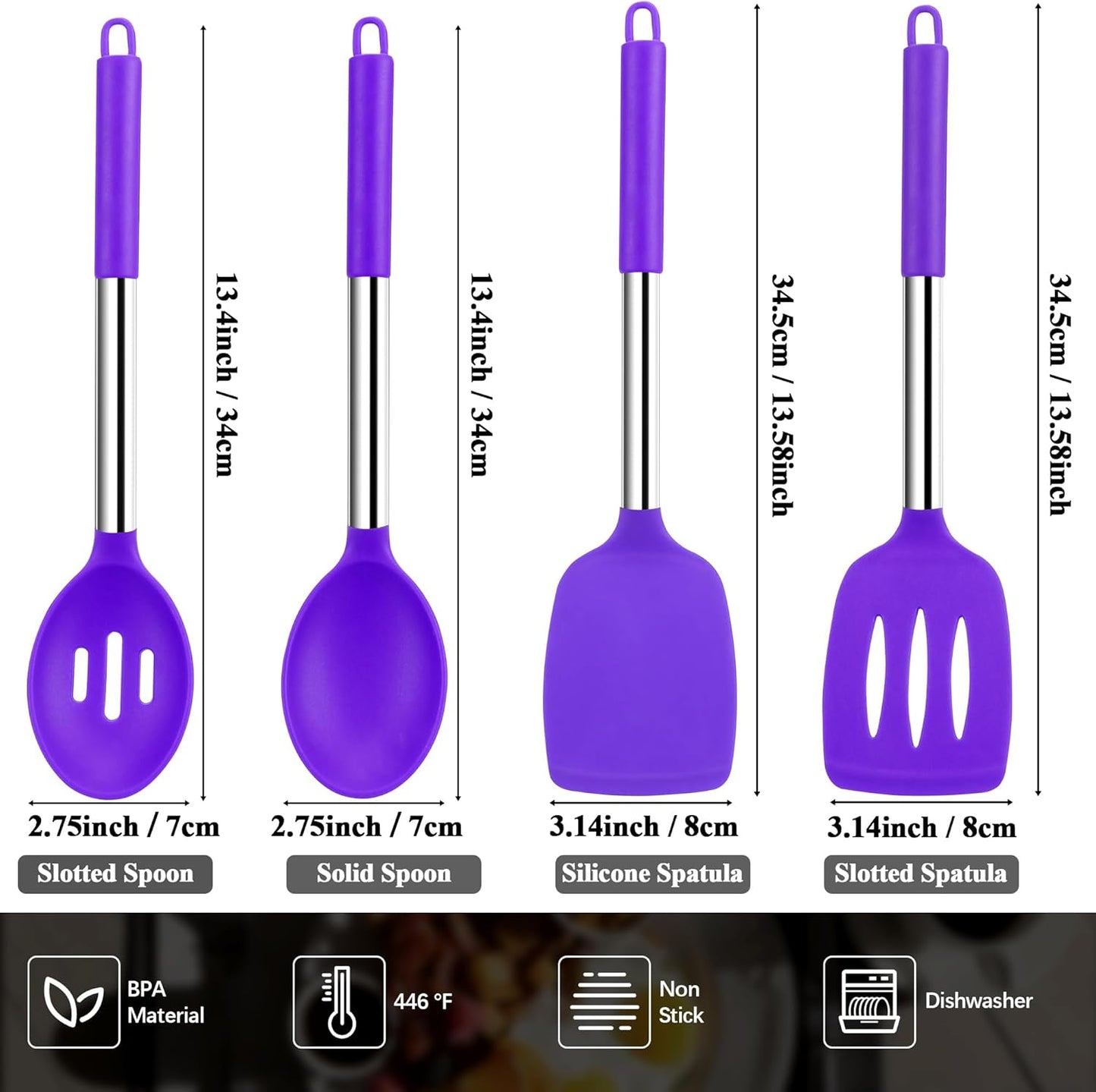 Silicone Spatula Spoon Set, 4 PCS Silicone Cooking Utensils Spatula Spoon Set with Stainless Steel Handle, BPA Free Kitchen Turners for Frying, Mixing, Serving, Draining, Turning, Stirring, Purple