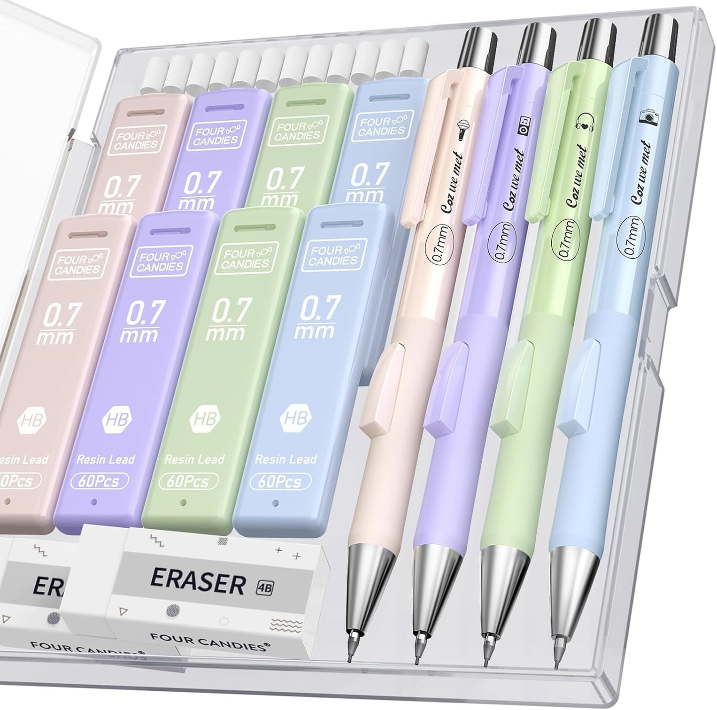 Four Candies Cute Mechanical Pencil Set with Case, 4PCS 0.7mm Pastel Fast Click Aesthetic Mechanical Pencils with 480PCS HB Lead Refills, 2 Erasers, 12 Eraser Refills School Supplies for Girls Writing