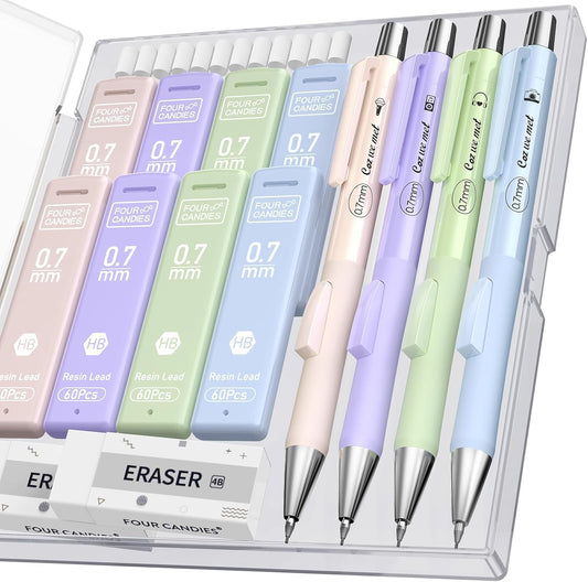 Four Candies Cute Mechanical Pencil Set with Case, 4PCS 0.7mm Pastel Fast Click Aesthetic Mechanical Pencils with 480PCS HB Lead Refills, 2 Erasers, 12 Eraser Refills School Supplies for Girls Writing