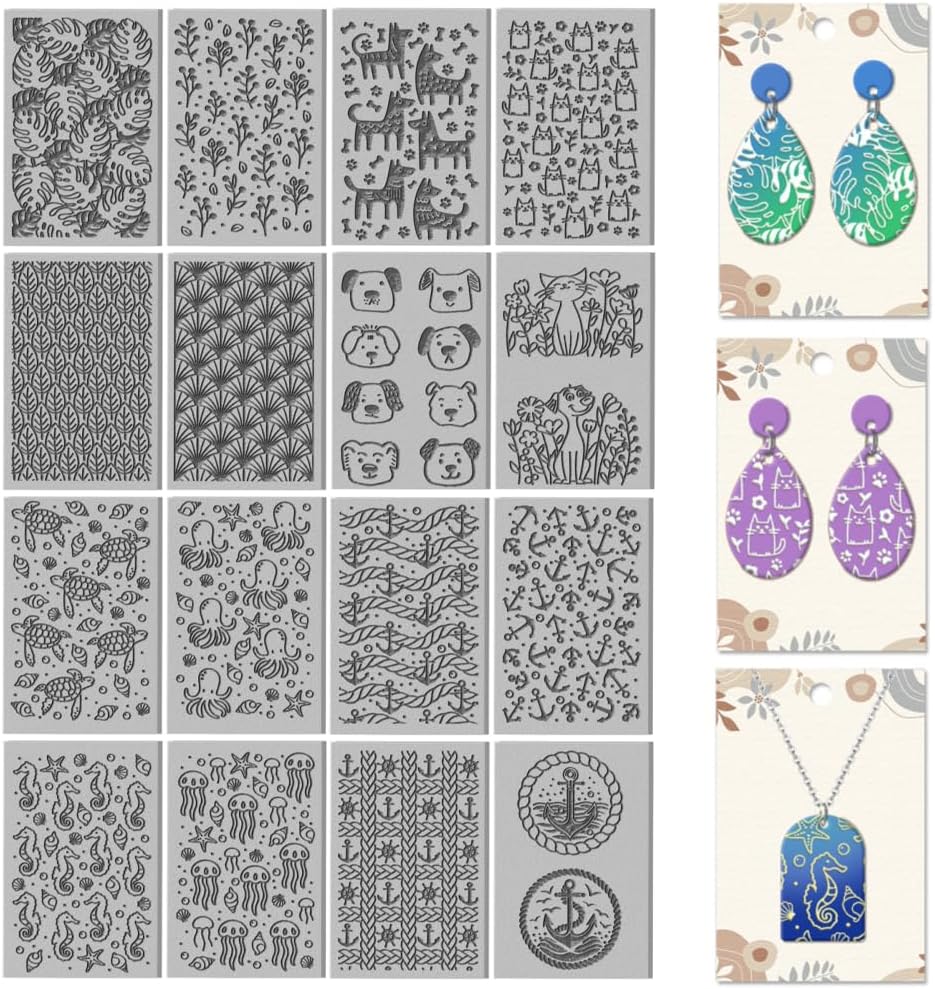 CHGCRAFT 16 Sheets Animal and Plant Clay Texture Mat Ocean Polymer Clay Texture Sheets DIY Tools for Pottery Earring Jewelry Making Stamp Engraving Machines, 4x2.6inch