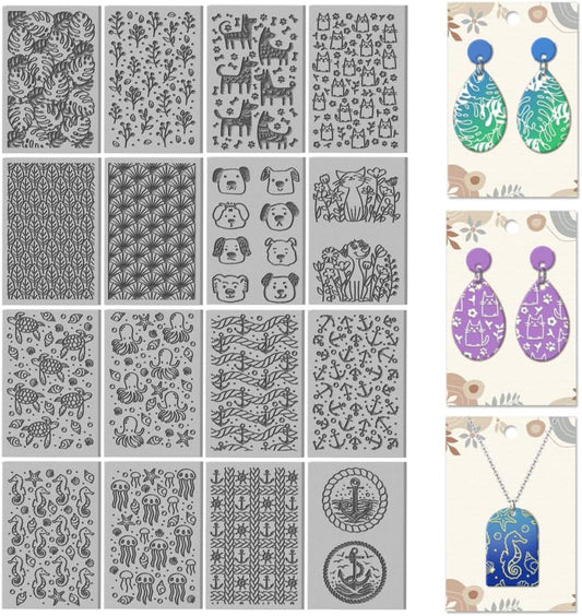 CHGCRAFT 16 Sheets Animal and Plant Clay Texture Mat Ocean Polymer Clay Texture Sheets DIY Tools for Pottery Earring Jewelry Making Stamp Engraving Machines, 4x2.6inch