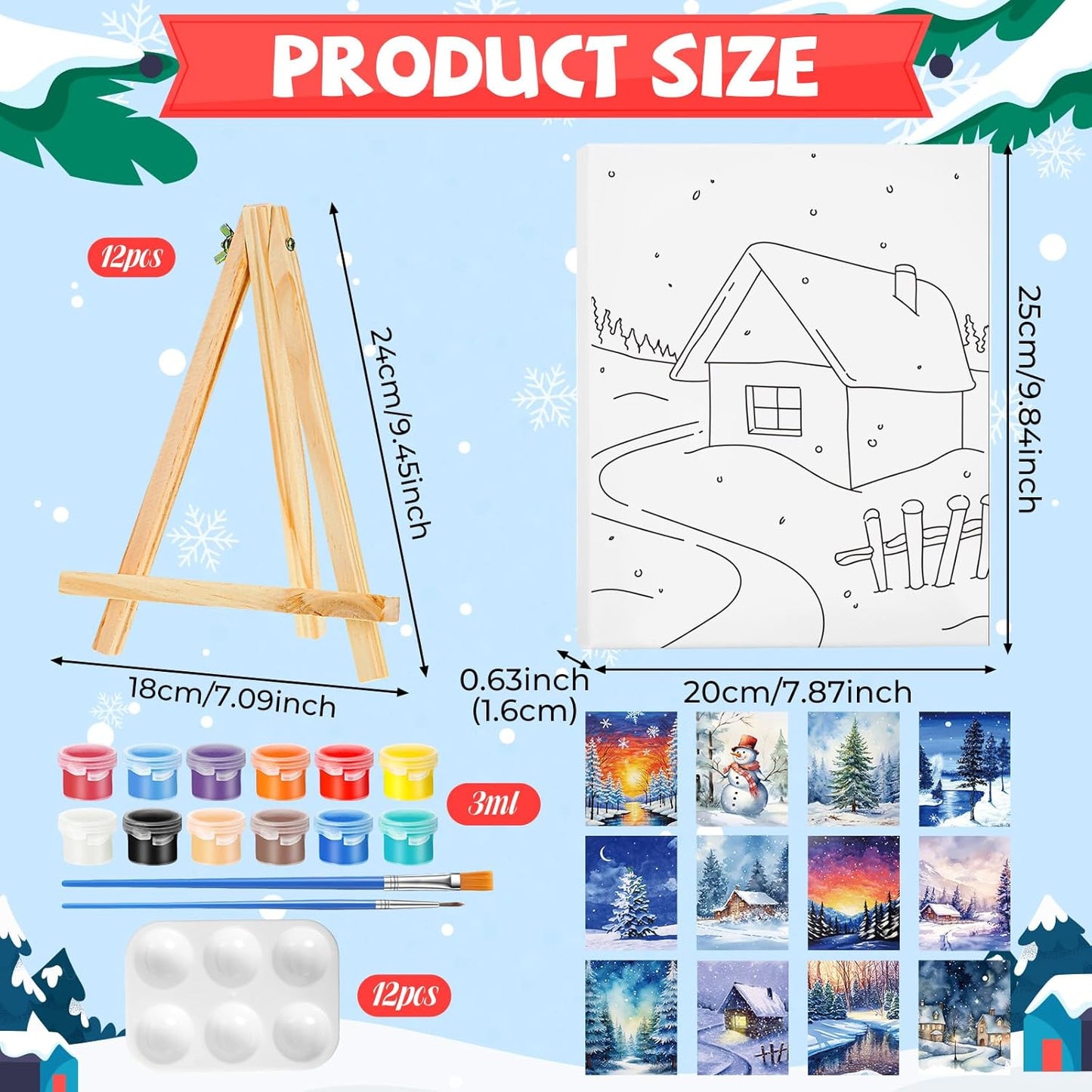 Zhanmai 12 Pack Pre Drawn Canvas for Painting Sip and Paint Kit 8" x 10" Paint Party Set Canvas Painting Pre Printed Canvases for Party Favor DIY Virtual Adult's Date Night (Winter Sonw)