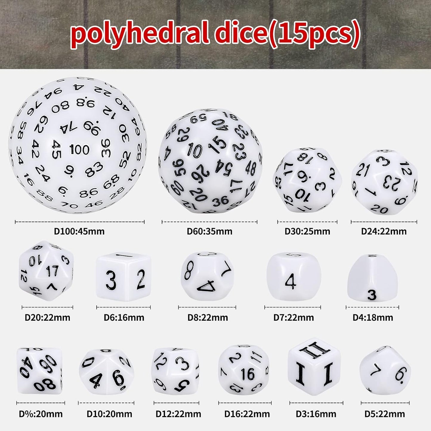 CiaraQ DND Polyhedral Dice Set (15pcs) D4-D100 Game Dice with Dice Bag for Dungeons and Dragons Role Playing Table Games (White & Black)