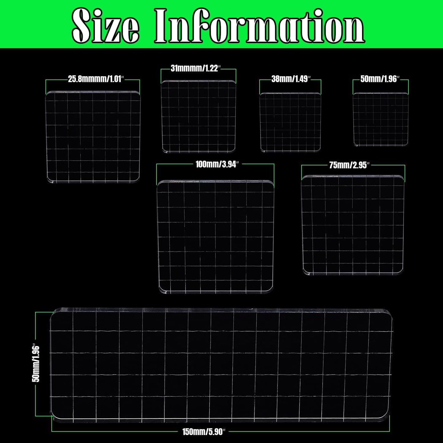 7Pcs Square-Shaped Clear Acrylic Stamp Blocks Set, Acrylic Stamping Blocks Tools Clear Stamps with Grid Lines for Photography Props Scrapbooking Crafts Card Making