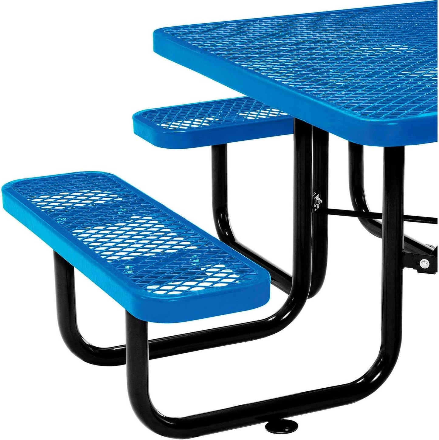 Global Industrial 46" Square Picnic Table, Expanded Metal, Blue Thermoplastic Coating, Attached Benches, 1-1/2” Umbrella Pole Hole, Outdoor-Rated, 1000 lb Capacity