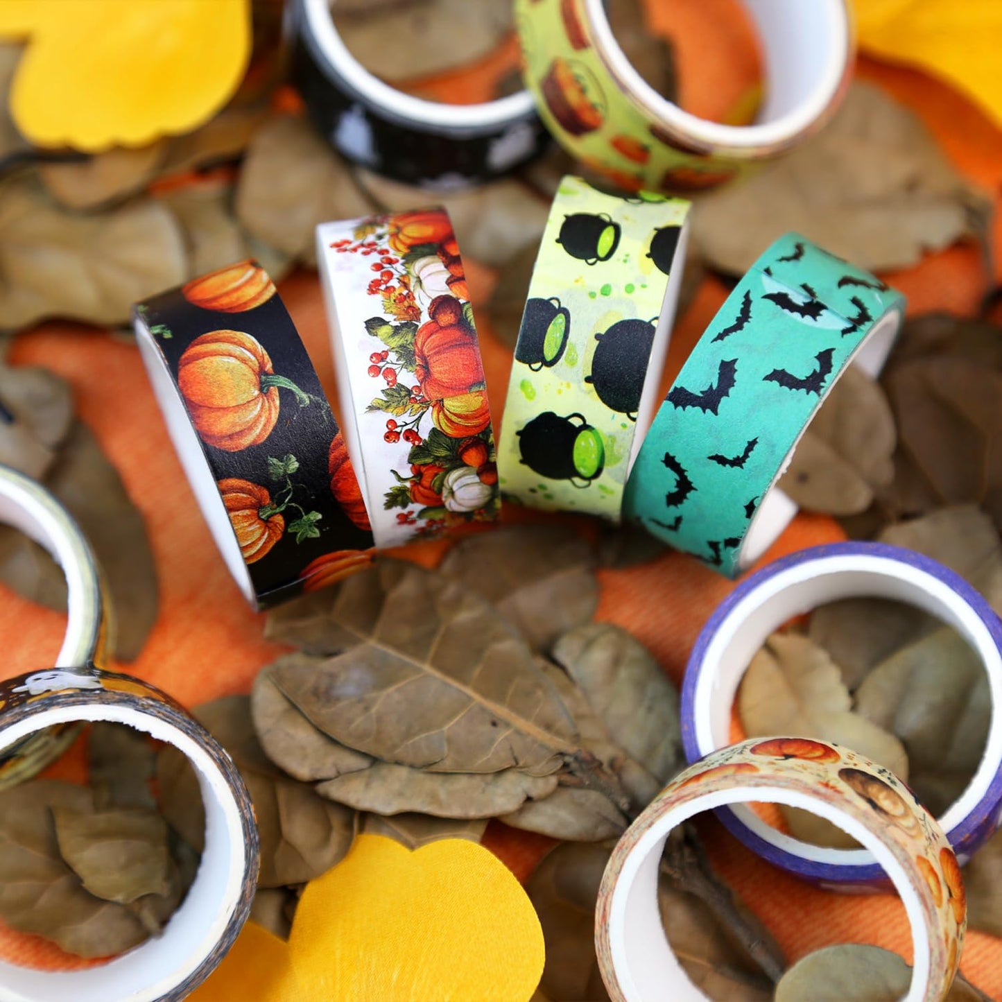 Halloween Washi Tape Set 16 Rolls, Fall & Spooky Decorative Tape, Autumn Washi Tape for Journaling, Crafts, Pumpkin Decor (0.6" x10 ft) - Autumn Leaves, Bats, Pumpkins, Vintage Horror