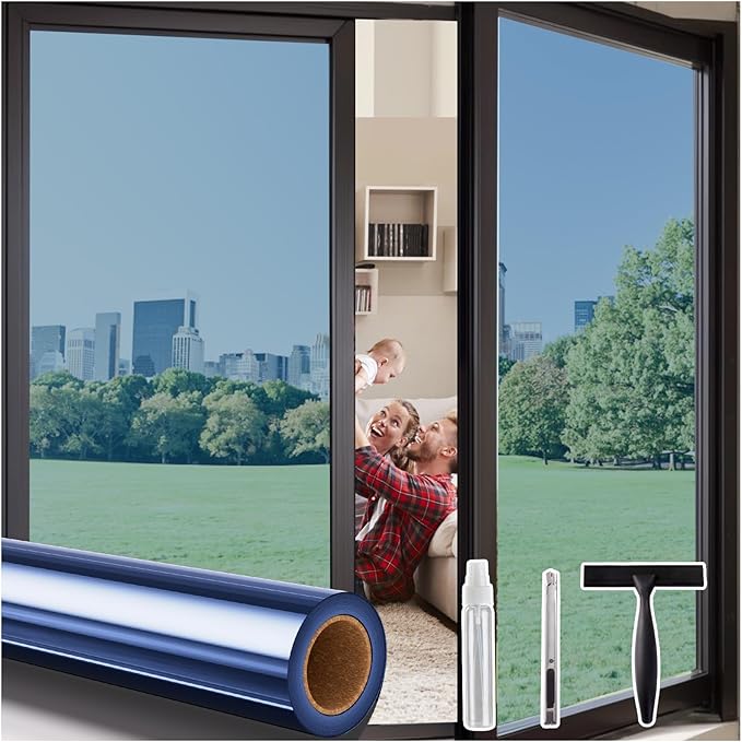 Coavas One Way Privacy Window Film,Daytime Window Tint for Home, Reflective Mirror Glass Window Film See Out Not in,Heat UV Blocking Anti-Glare Window Covers with 3 Tools, 17.5 x 78.7 Inch, Blue