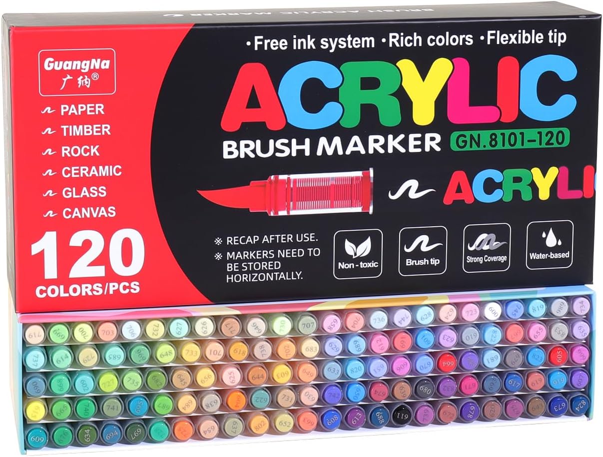 Acrylic Paint Markers Pens, 120 Vivid Colors Acrylic Markers Set,Direct Liquid Type, Stackable Color, Odorless Soft Head，Markers for School，Tooli Art ，Fabric & Creative Crafts (120)