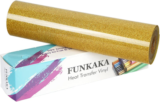 FUNKAKA Glitter Golden HTV Heat Transfer Vinyl Rolls, 12" x 25ft PU Iron on Vinyl for T-Shirt Golden Glitter HTV Vinyl for All Cutter Machines Easy to Cut & Weed for Heat Vinyl Design