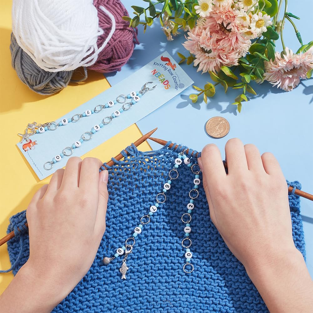 NBEADS 2 Styles Sea Animal Knitting Row Counter Chains, Acrylic Number Stitch Markers Glass Beaded Crochet Stitch Marker Crocheting Accessories for Weaving Sewing Quilting