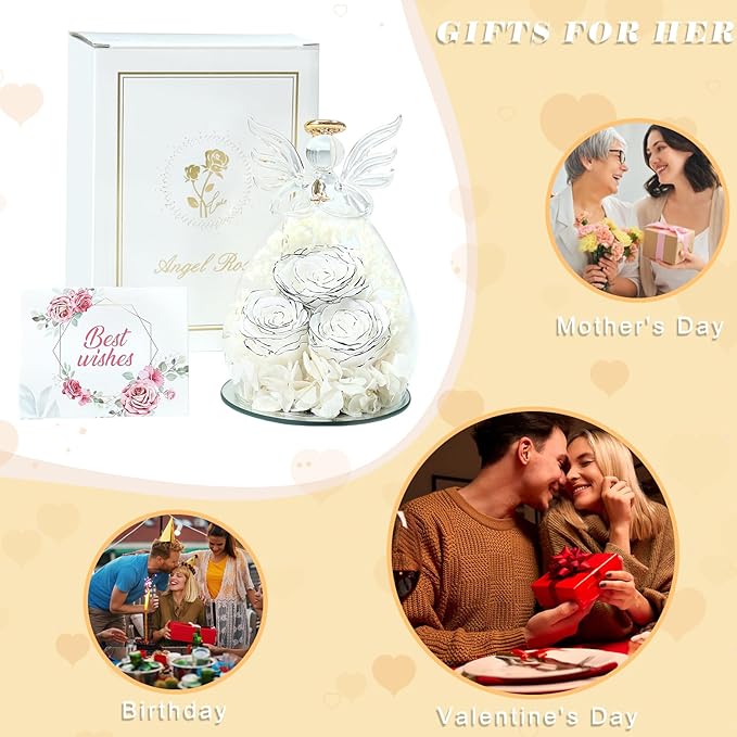 Beferr Valentines Day Rose Gifts for Her Women Mom Gifts for Birthday, Fresh Flowers for Delivery Forever Preserved Rose in Glass Angel Figurine, for Grandma Wife Daughter Girlfriend