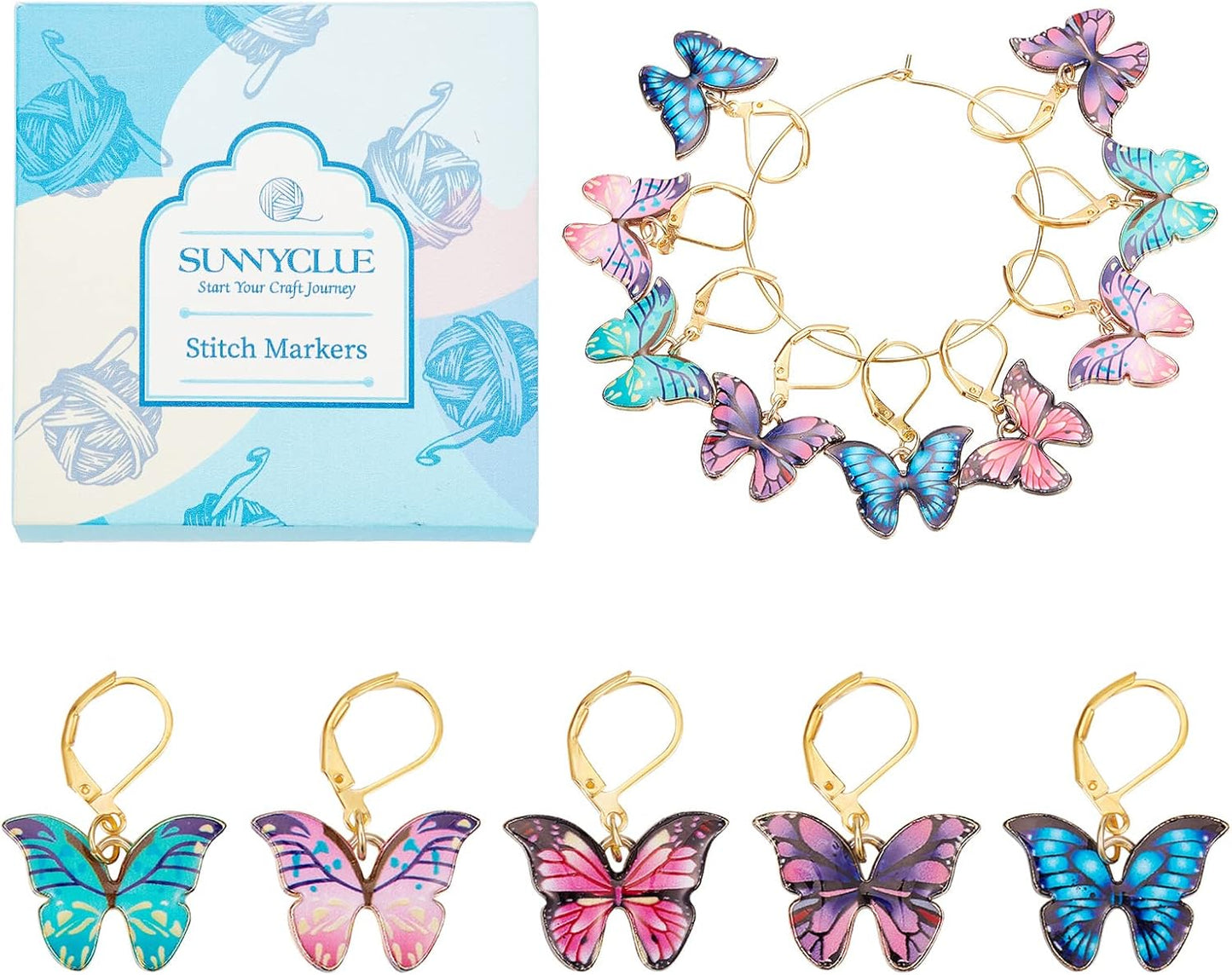 SUNNYCLUE 1 Box 20Pcs Stitch Markers Crochet Stitch Marker Butterfly Enamel Cute Charms Removable Leverback Clasp Charm Locking Metal Knitting Markers for Weaving Sewing Knit Quilting DIY Zipper Pull