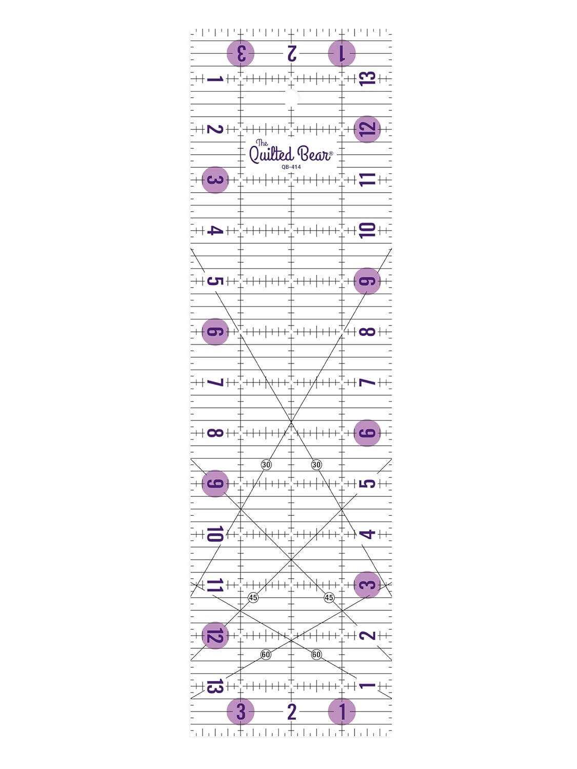 The Quilted Bear Quilting Rulers - Transparent Acrylic Non Slip Quilting, Patchwork & Sewing Ruler with Clear Black Lines & 30, 45 & 60 Degree Angles for Perfect Accuracy & Precision (4" x 14")