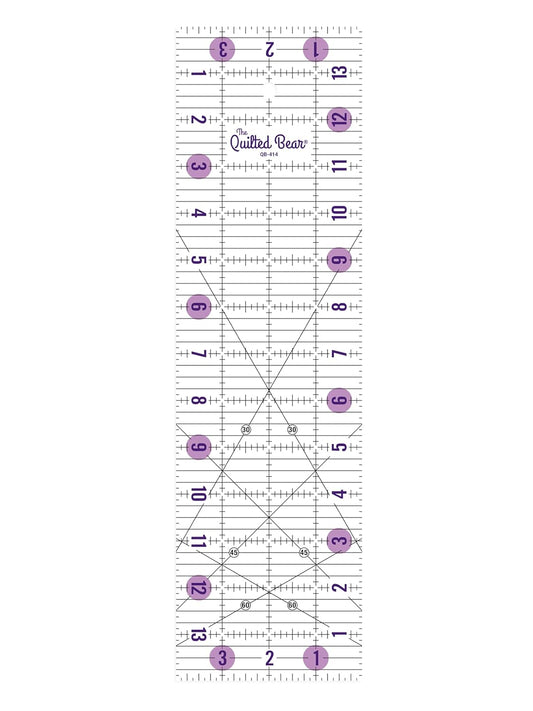 The Quilted Bear Quilting Rulers - Transparent Acrylic Non Slip Quilting, Patchwork & Sewing Ruler with Clear Black Lines & 30, 45 & 60 Degree Angles for Perfect Accuracy & Precision (4" x 14")