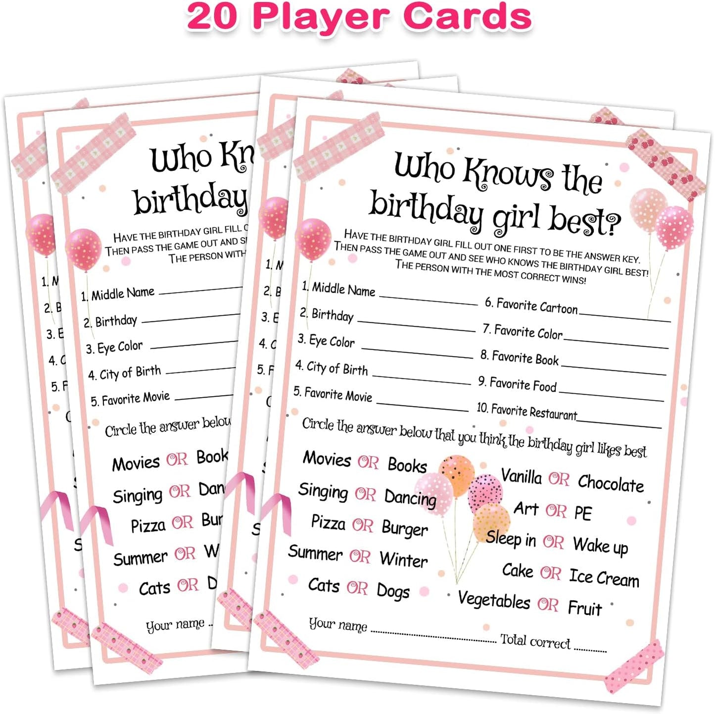 Who Knows the Birthday Girl Best - Girl Birthday Party Game - Themed Party Activity and Idea - Supplies, Decorations - 20 Game Cards
