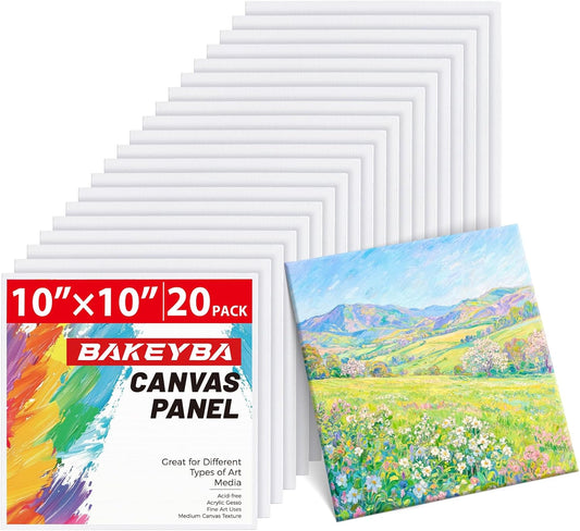 10x10inch Flat Canvas Boards for Painting 20 Pack Primed Acid Free Canvas Panels for Oil, Watercolor, Acrylic Paint