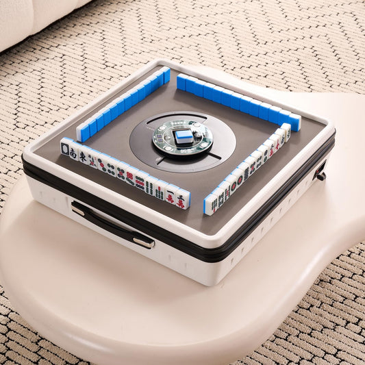 Portable Automatic Mahjong Table, Hand-held Mini-Mahjong, Automatic Mahjong, Foldable Mahjong Table w/American&Chinese -Style Magnetic Tiles, for Outdoor & Home Fun (White)
