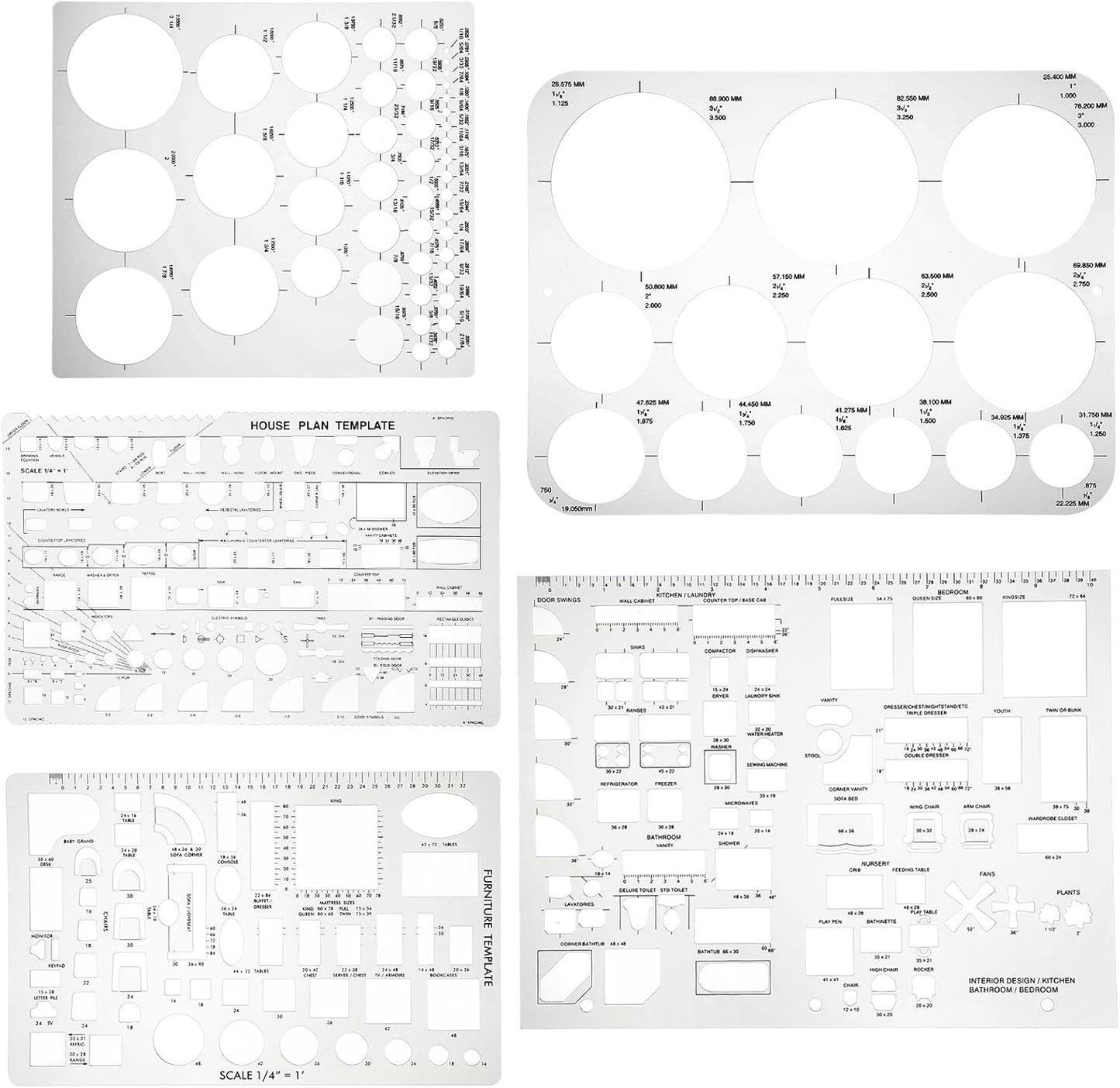 5 Pcs Interior Design Drawing Templates, Reusable Architectural Templates, House Plan, Interior Design, Furniture Template Circle Architectural Scale Ruler Stencils for Drawing & Drawings Tools