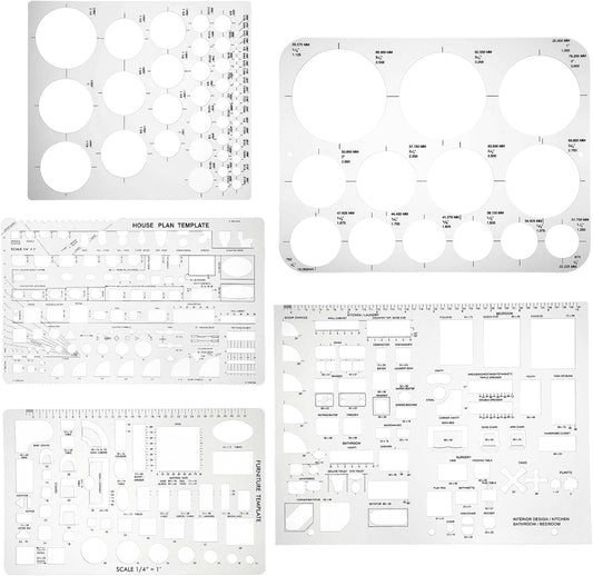 5 Pcs Interior Design Drawing Templates, Reusable Architectural Templates, House Plan, Interior Design, Furniture Template Circle Architectural Scale Ruler Stencils for Drawing & Drawings Tools