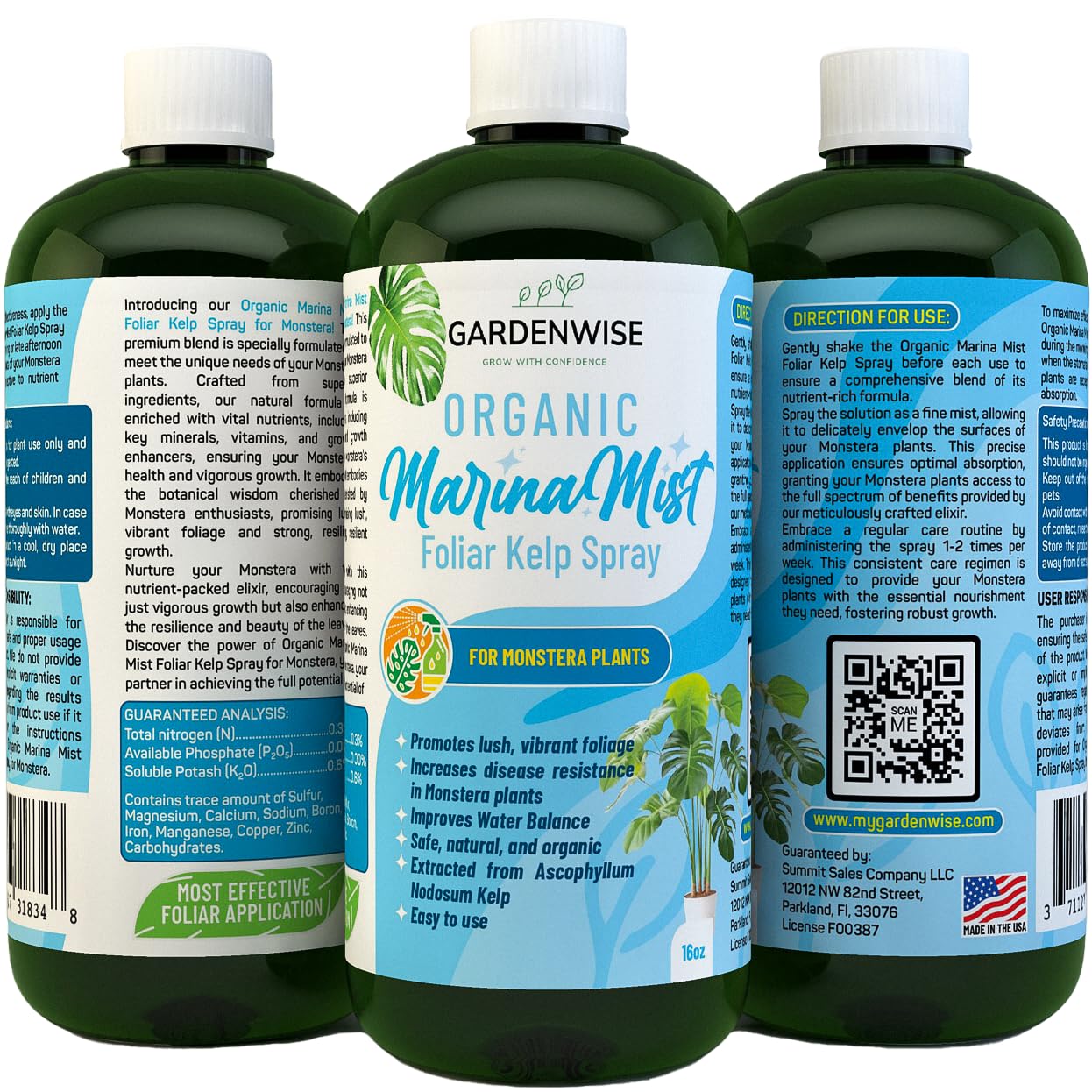 Organic Marina Mist Foliar Spray for Monstera, Philodendron, Elephant’s Ear and Other Tropical Houseplant | Liquid Fertilizer | Micro Nutrients for Vital Health | Liquid Plant Food (16 OZ)