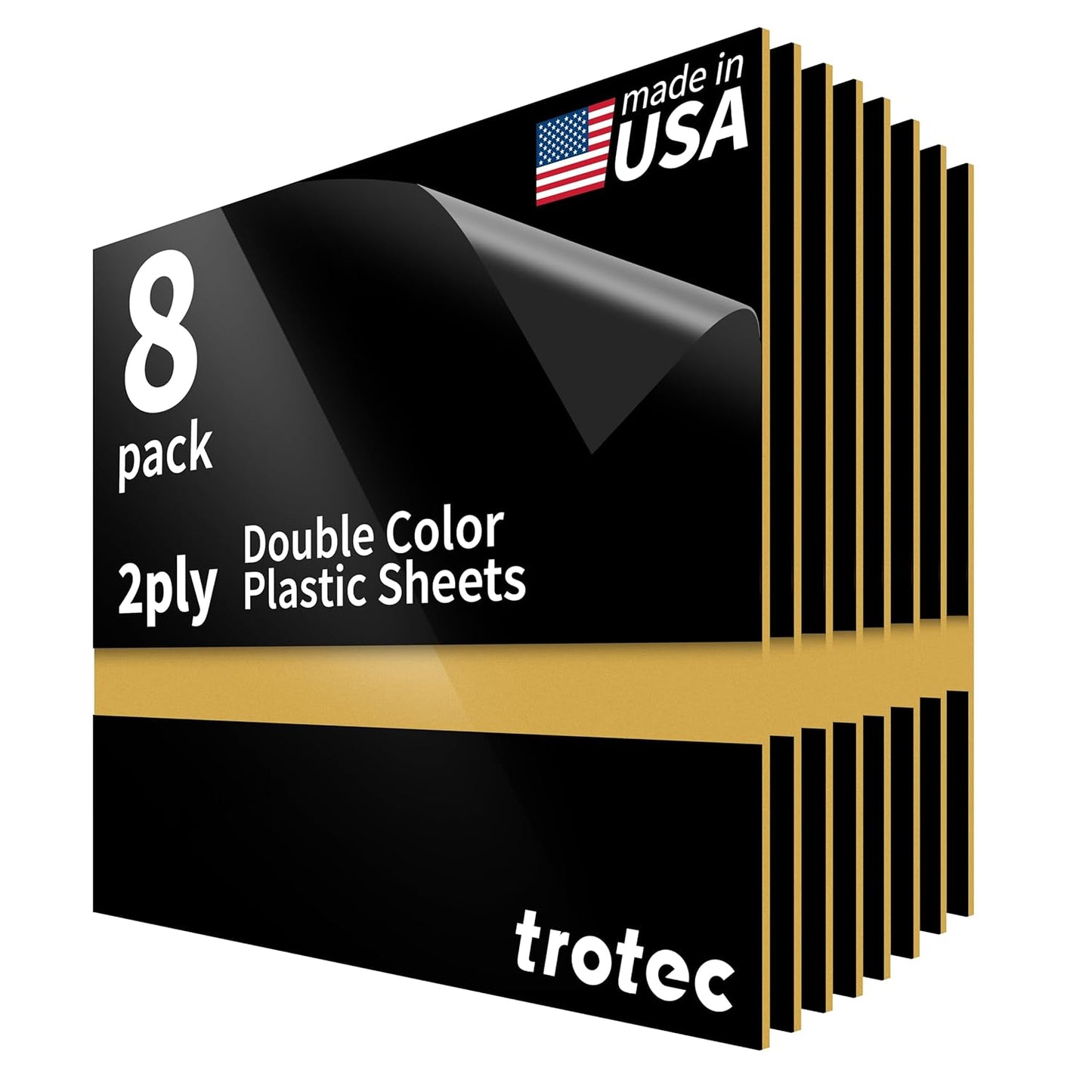 Trotec TroLase | 12"x12"x1/16, 8 Pcs | Gloss Black/Gold | 2 Ply | Modified Acrylic | Laser Engraving Double Color Plastic Sheet | Engraving Blanks for Laser, Saw, Guillotine | Made in USA