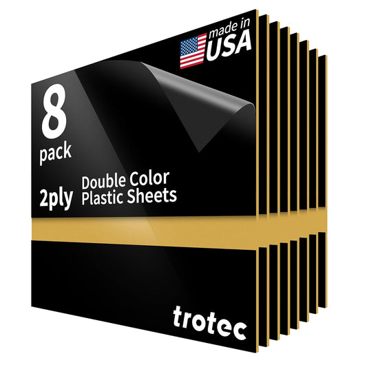 Trotec TroLase | 12"x12"x1/16, 8 Pcs | Gloss Black/Gold | 2 Ply | Modified Acrylic | Laser Engraving Double Color Plastic Sheet | Engraving Blanks for Laser, Saw, Guillotine | Made in USA