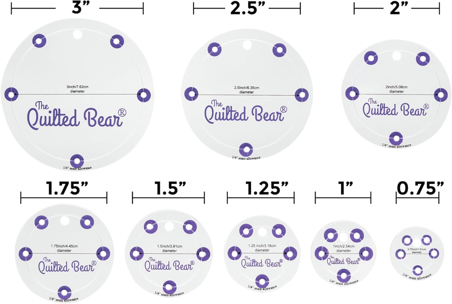 The Quilted Bear Circle Quilting Templates – 8 Clear Non-Slip Acrylic Quilt Templates for Precise Fabric Cutting & Stress-Free Machine Quilting - Ideal for Quilt & Sewing Supplies (¾–3")
