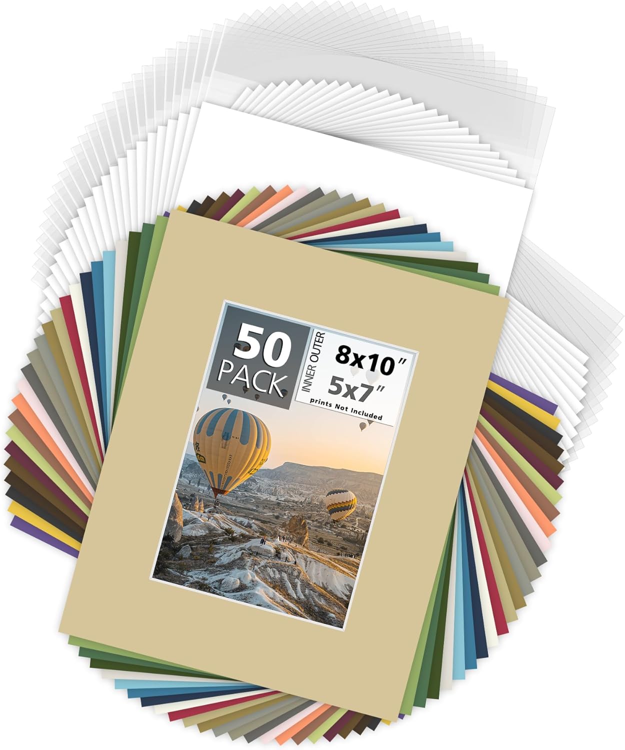 Mat Board Center, Pack of 50, 8x10 for 5x7 Mix Color Picture Mat Sets - Acid Free, 4-ply Thickness, Bevel Pre-Cut White Core - Includes Backing Boards and Clear Bags - for Pictures, Photos, Framing