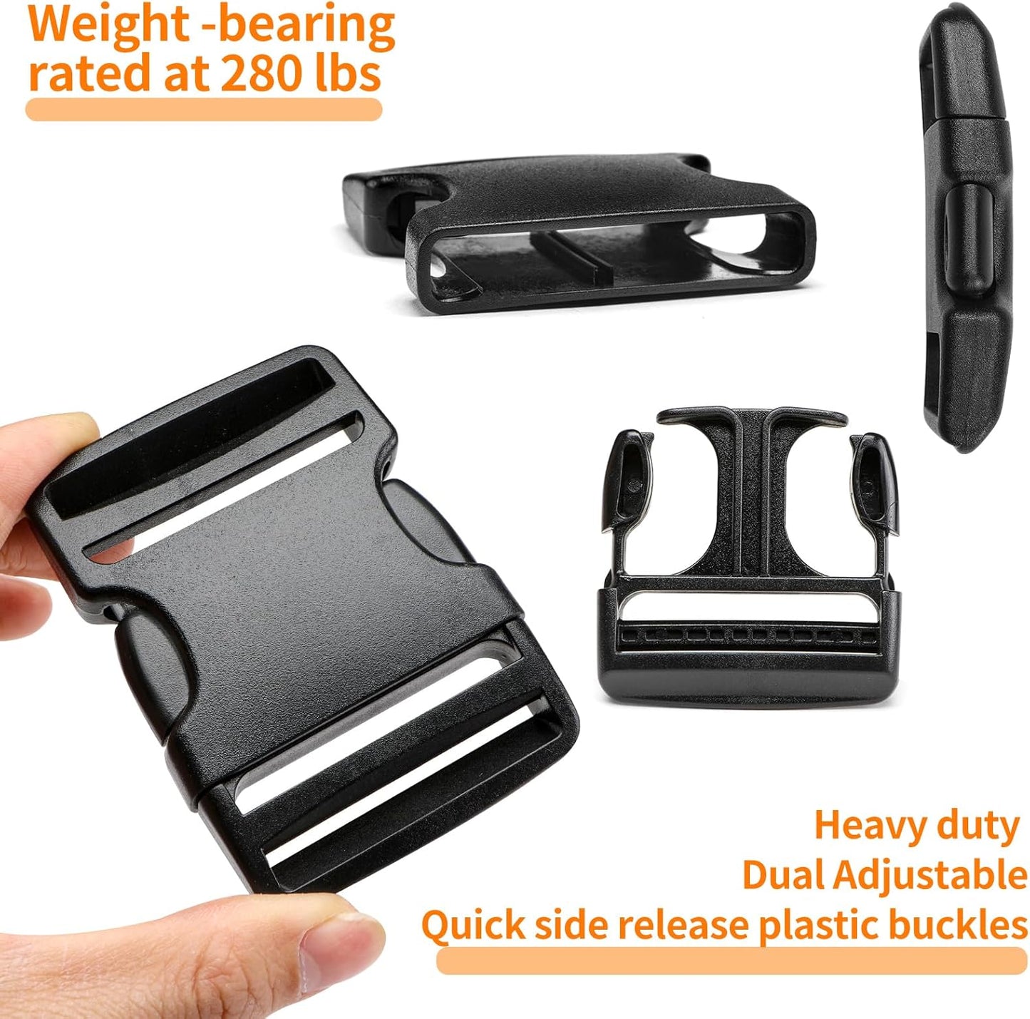 2" Heavy-Duty Buckle & Straps Set: 6-Pack Side Release Plastic Buckles, 6 Yards of Thick Nylon Webbing, 12 Tri-Glide Slide Clips, No Sewing Required (2" Combo Set)