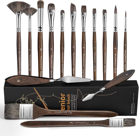 Oil Paint Brush Set, 15Pcs Fuumuui Professional Paint Brushes Natural Badger Bristle with Flat, Fan, Angle, Round, Filbert for Oil, Acrylic Canvas Paintings with 2pc Palette Knife