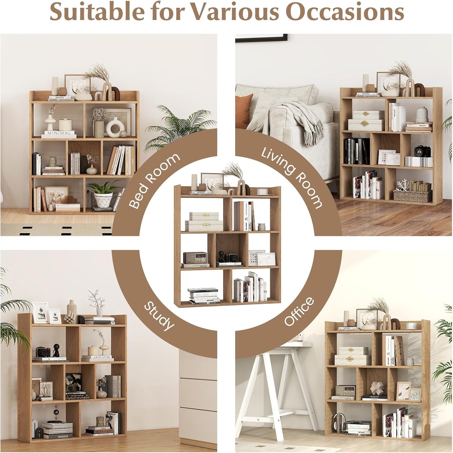 Giantex 7 Cubes Bookshelf, Free-Standing Wooden Bookcase, 4 Tier Home Display Shelf, Horizontal Storage Unit w/Anti-Toppling Devices, Open-Back Display Rack for Study, Living Room (2, Natural)