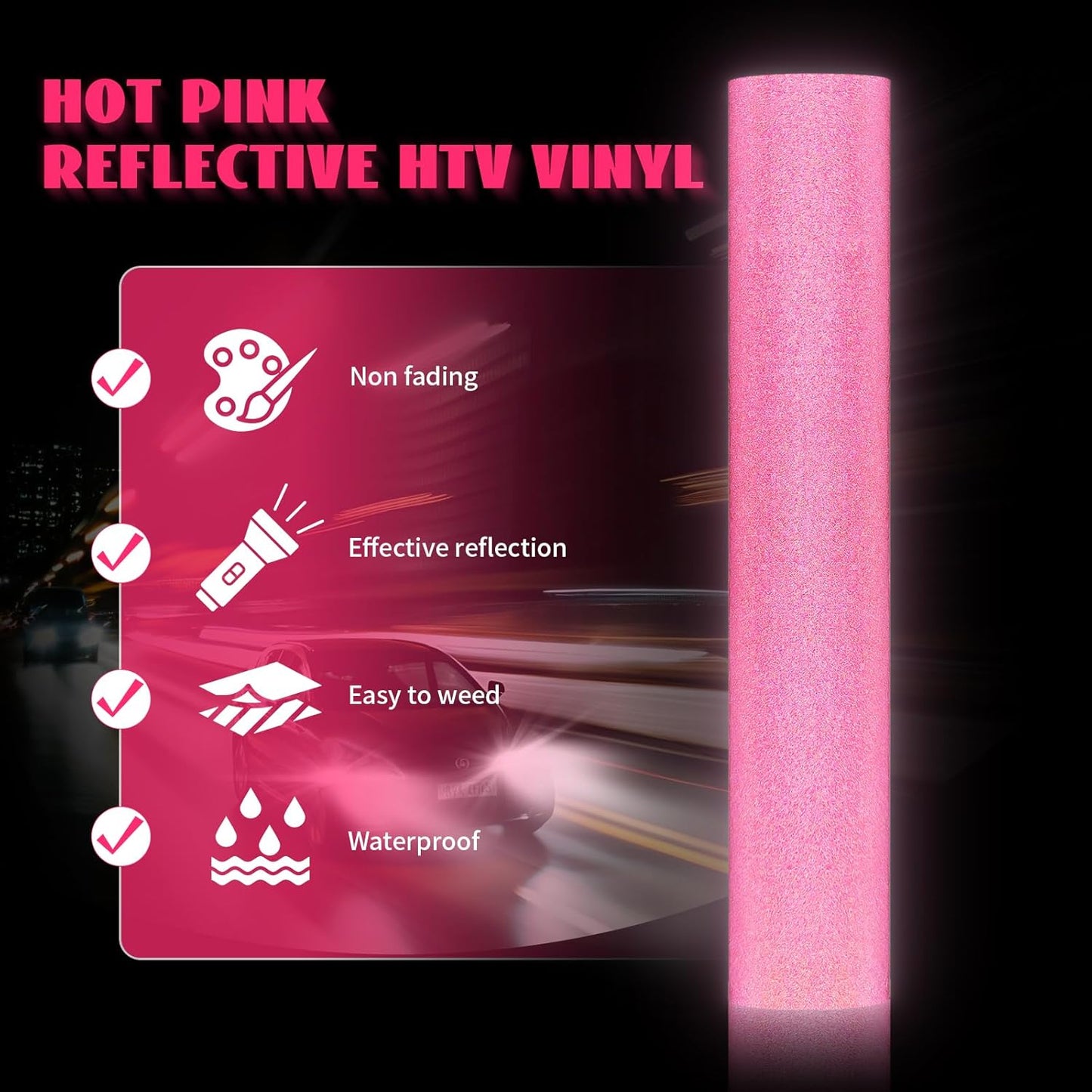 GIRAFVYINL Hot Pink Reflective Iron on Vinyl, Reflective HTV Pink Neon Heat Transfer Vinyl for DIY T-Shirts, Fabric