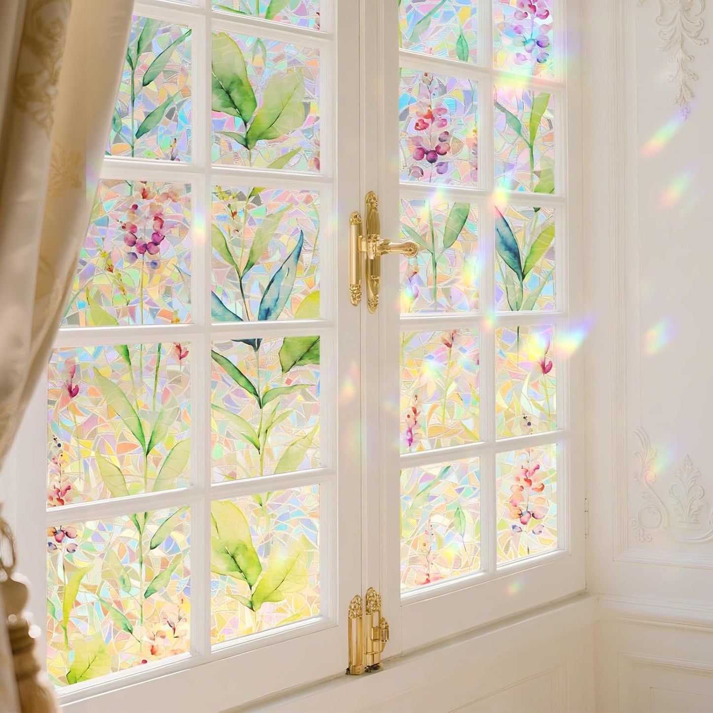 Donox Decorative Window Privacy Film, 3D Floral Stained Glass Window Film Static Cling Rainbow Privacy Sticker for Glass Door Heat Control Anti UV, No Adhesive (Gladiolus,35.4 x 157.4 inches)