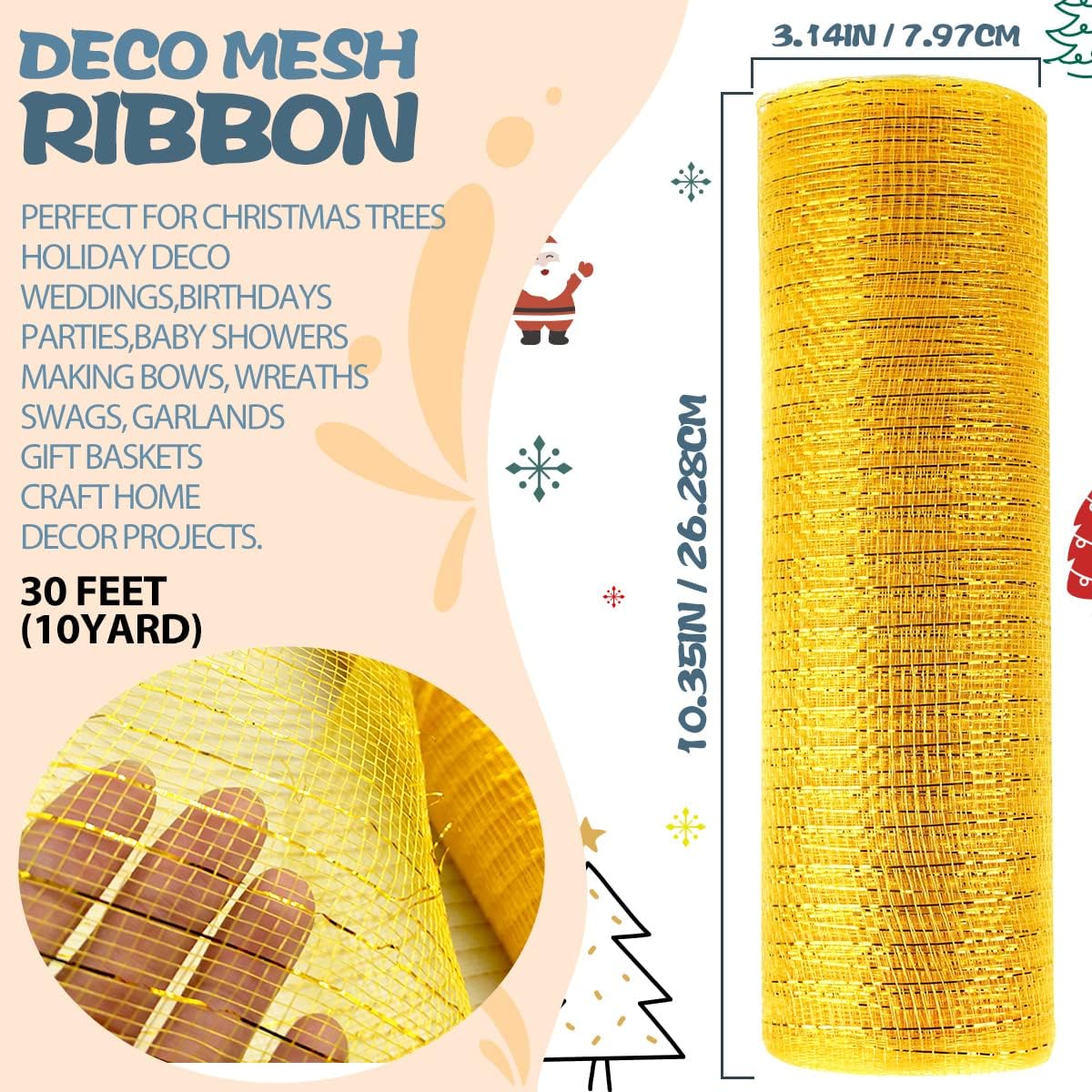 Anivia Deco Mesh Ribbon, 10inch x 30 Feet Each Roll Metallic Foil Mesh Ribbon for Wreaths Swags, Holloween, and Christmas Tree Decoration (Gold/Gold Foil)