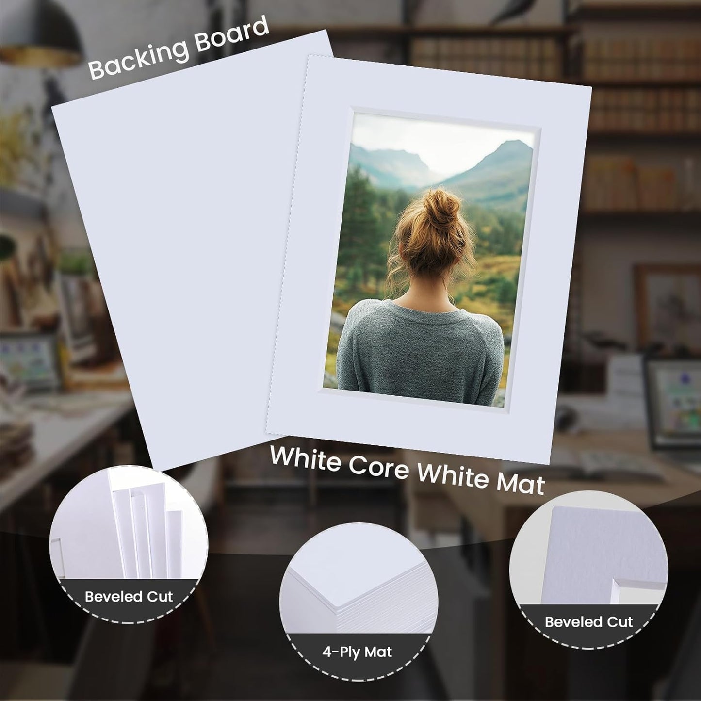 Falling in Art 5 Pack Acid Free 18x24'' White Picture Mats Board Show Kit for 12x18'' Photos, 4-Ply Beveled Pre-Cut Photo Mats with Backing Board for Frames, Artwork and Prints