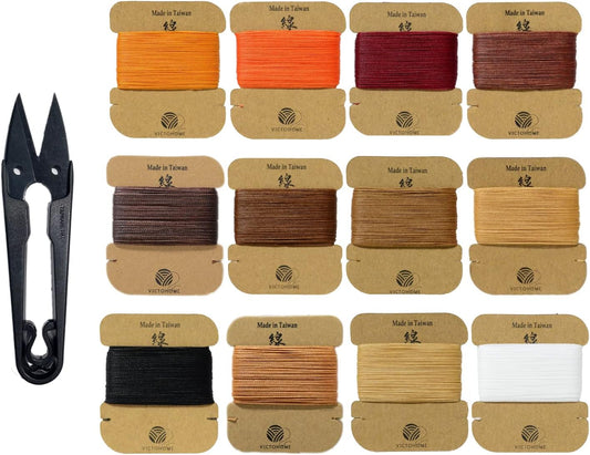 Bonded & Round Waxed Threads, 3-PLY Round Thread 12 Colors 252 Yards - Hand Sewing - All Leather Projects/Crafts/All-Purpose Threads/Macrame/Bracelet (0.55 mm, 21yd/Each)